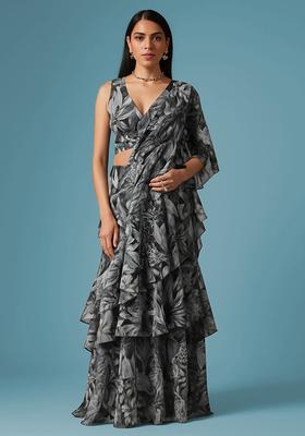 Multi Color Floral Print Chanderi Pre Draped Saree Set