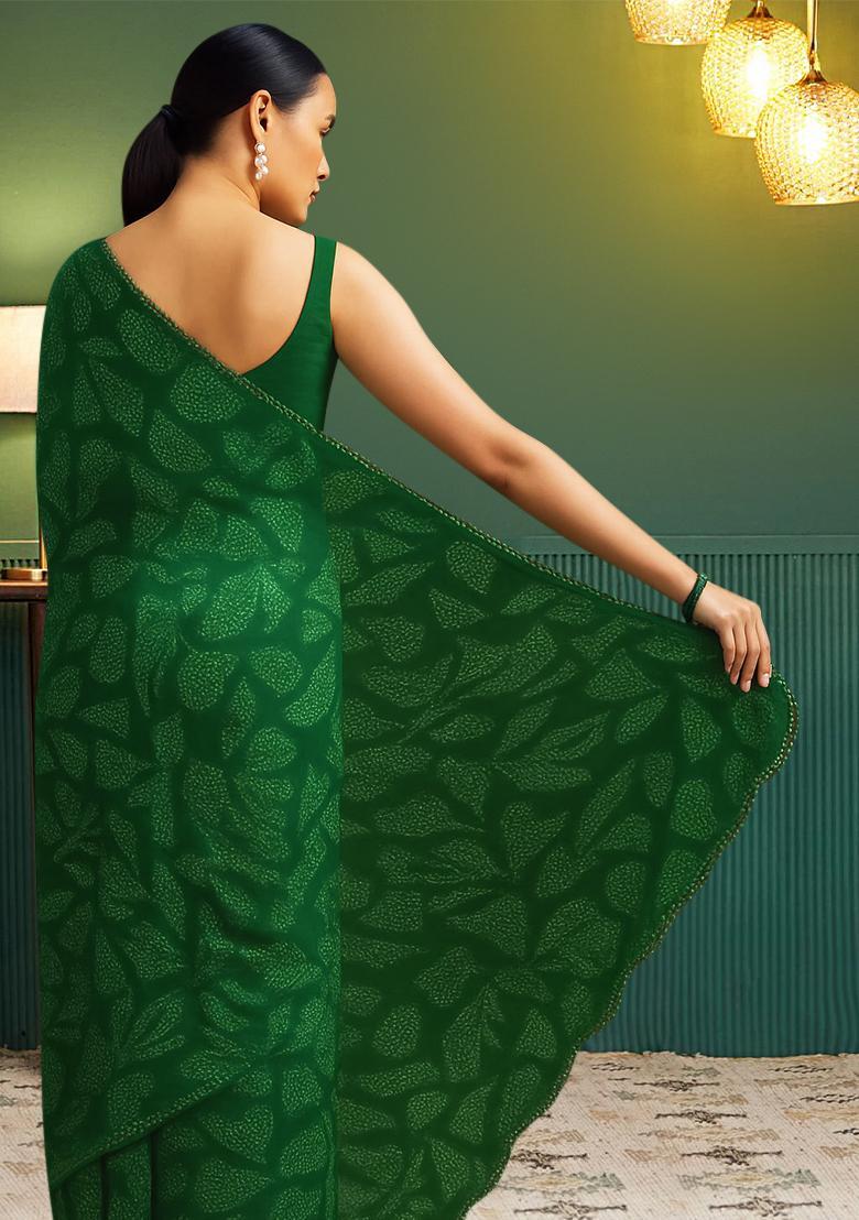 Green Printed Chanderi Pre Draped Saree Set - Indya