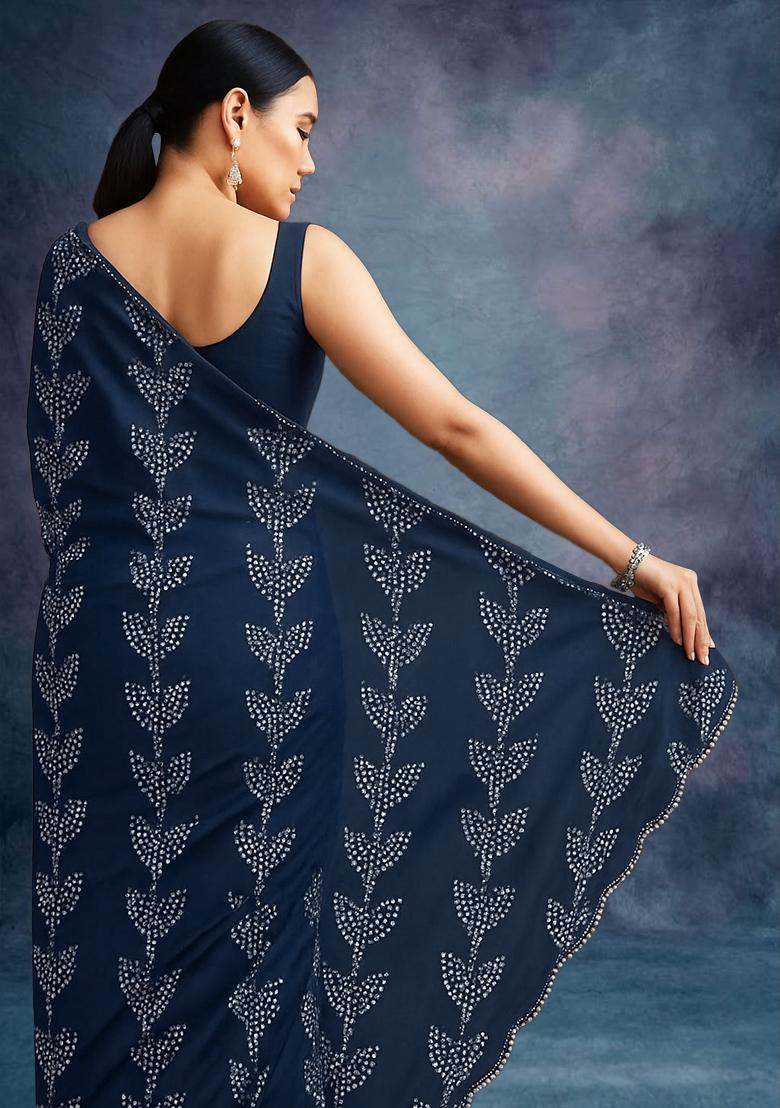 Blue Printed Chanderi Pre Draped Saree Set - Indya