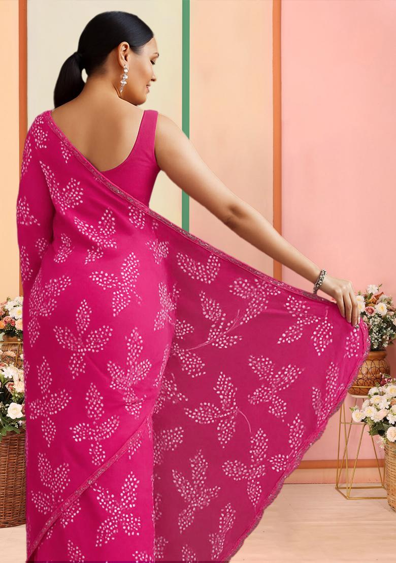 Pink Printed Chanderi Pre Draped Saree Set - Indya
