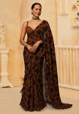 Rust Floral Print Georgette Pre Draped Saree Set