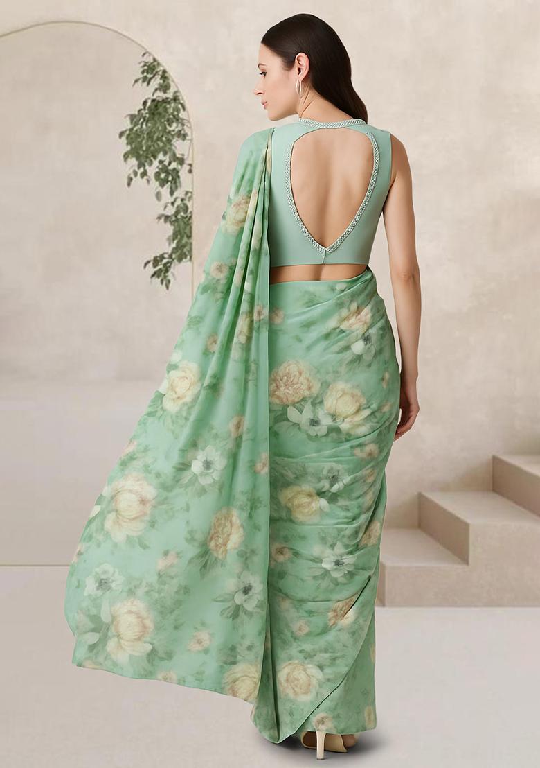 Green Floral Print Georgette Pre Draped Saree Set - Indya