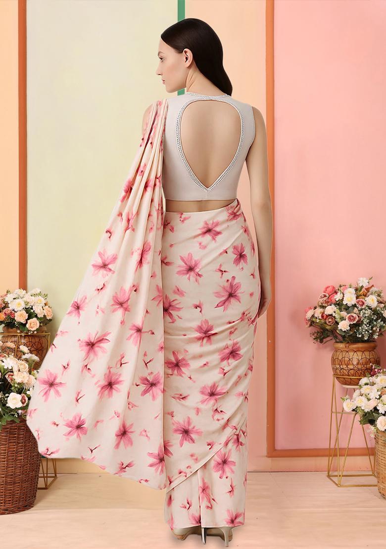 Pink Floral Print Georgette Pre Draped Saree Set - Indya