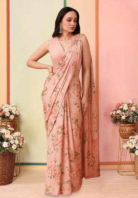 Peach Floral Print Georgette Pre Draped Saree Set