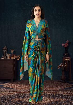 Blue Chiffon Abstract Printed Fusion Set