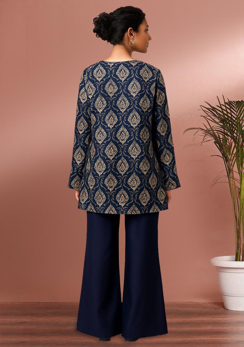 Blue Silk Blend Satin Embroidered Fusion Set - Indya