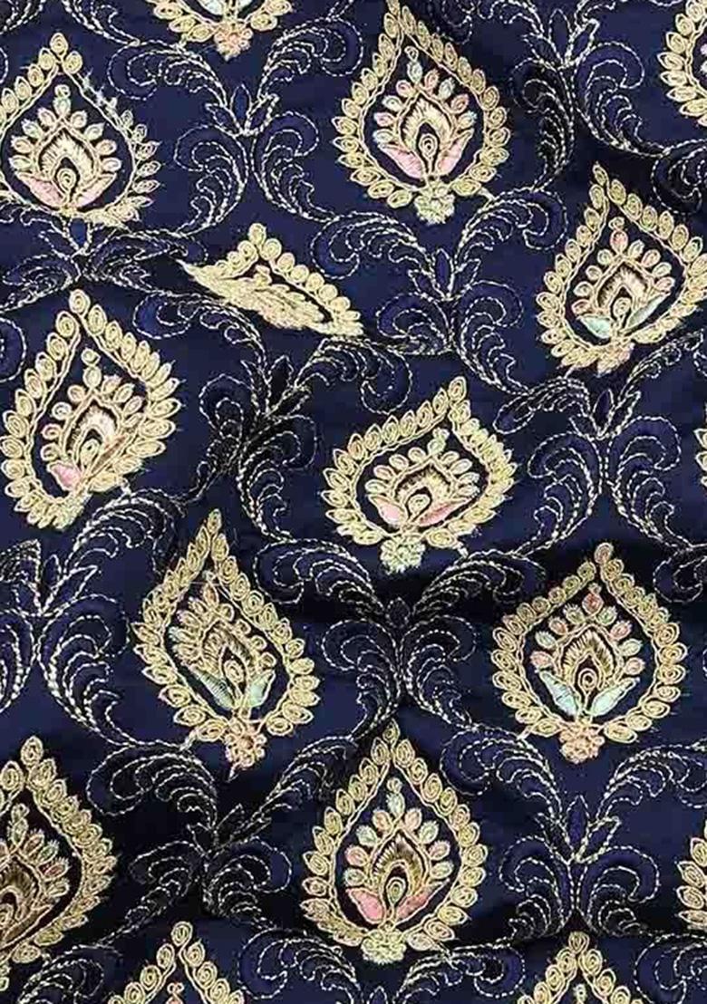 Blue Silk Blend Satin Embroidered Fusion Set - Indya