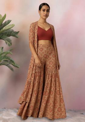 Beige Floral Print Georgette Fusion Set
