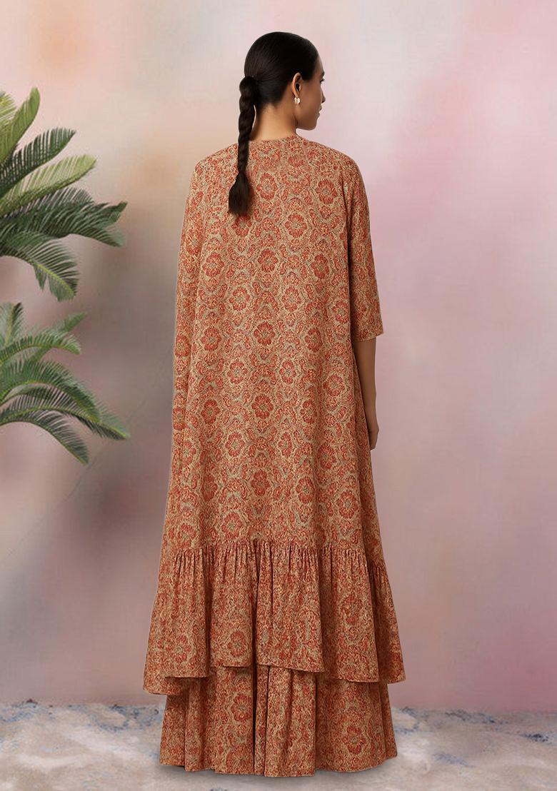 Beige Floral Print Georgette Fusion Set - Indya