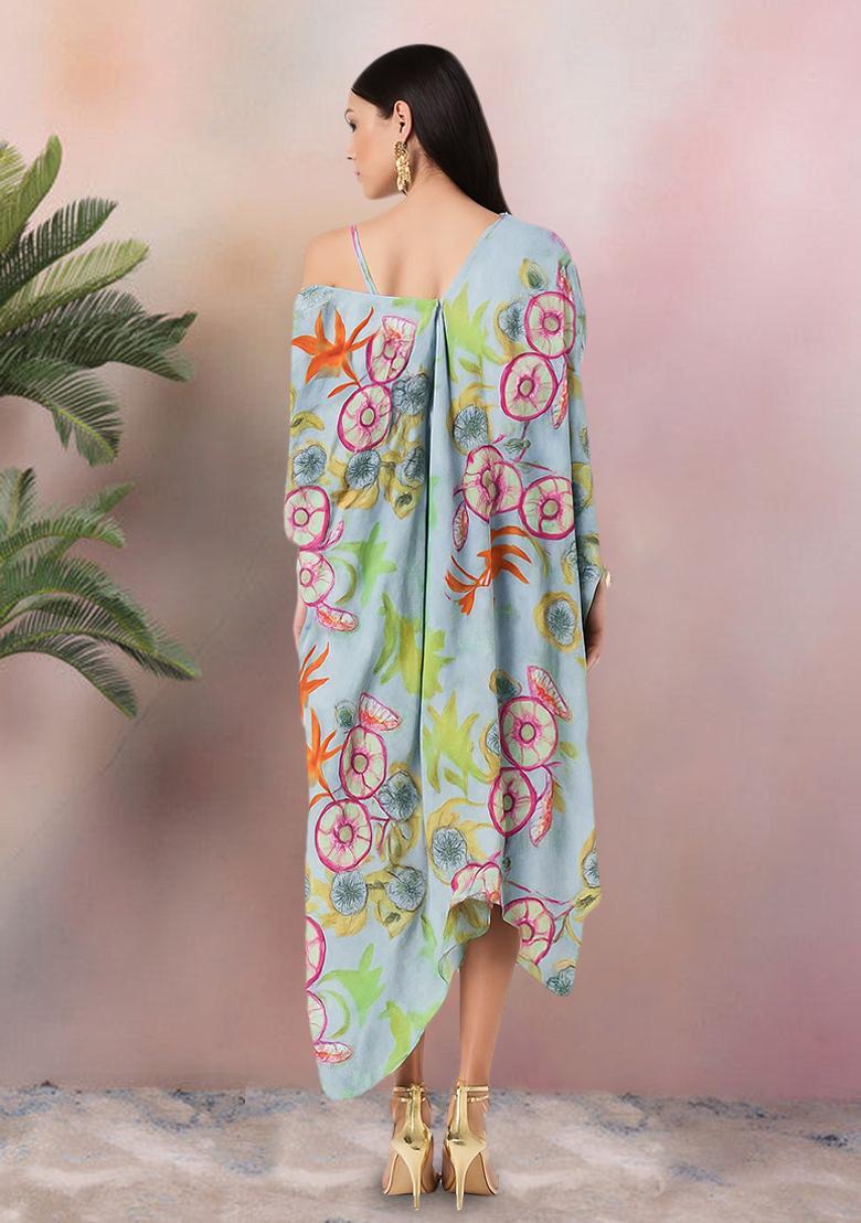 Pastel Blue Floral Print Chinon Fusion Set - Indya