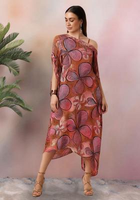 Brown And Pink Floral Print Chinon Fusion Set