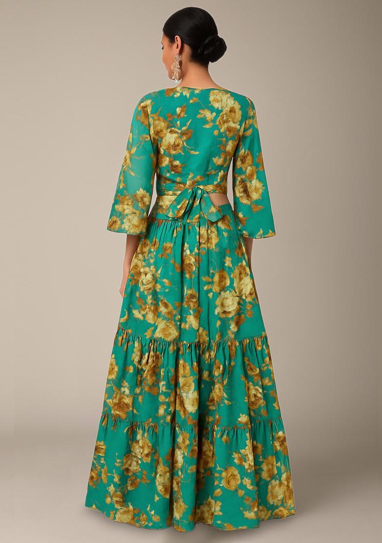 Teal Green Floral Print Satin Lehenga Set - Indya