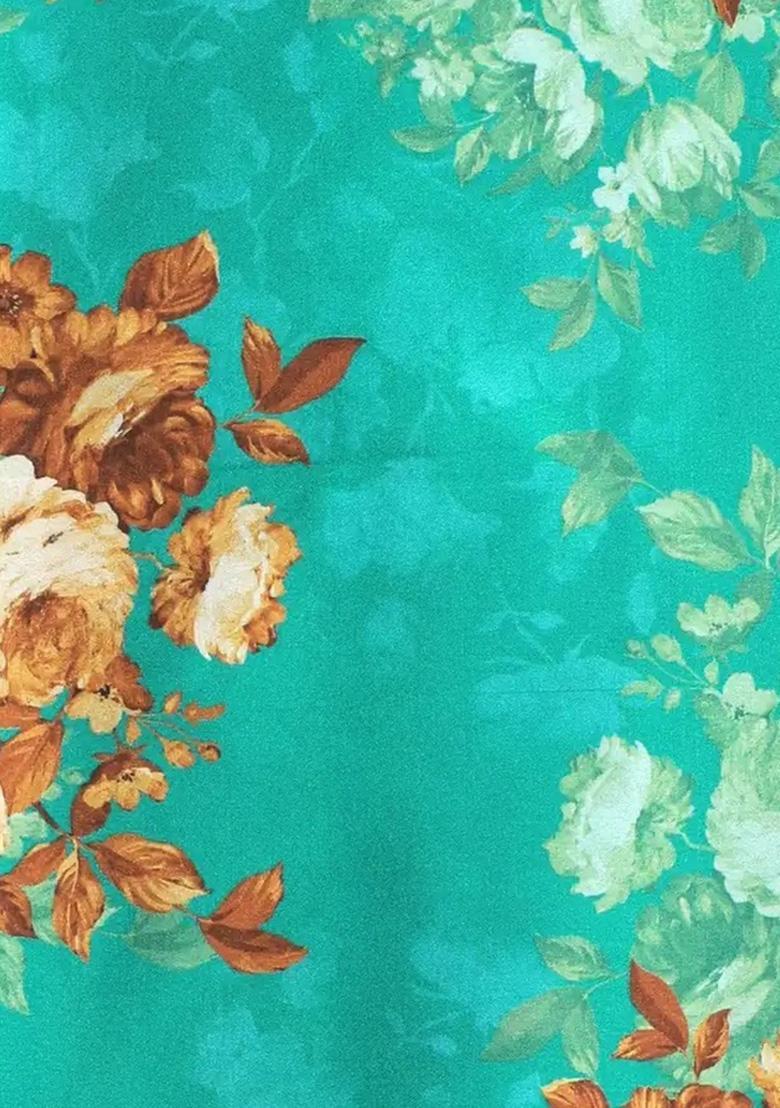 Teal Green Floral Print Satin Lehenga Set - Indya
