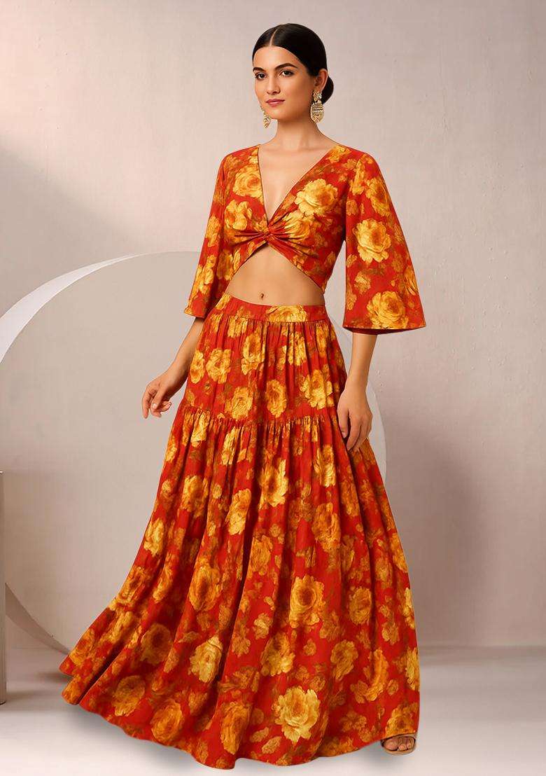Red Floral Print Satin Lehenga Set - Indya