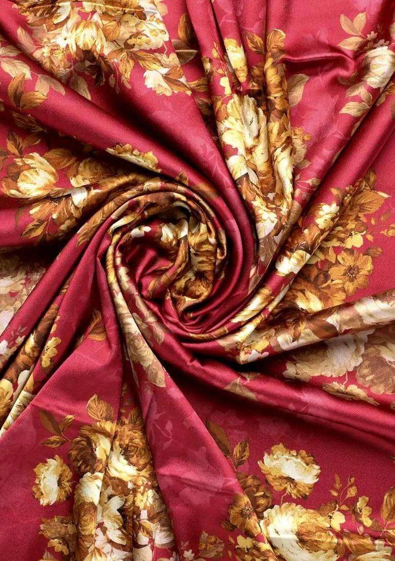 Red Floral Print Satin Lehenga Set - Indya