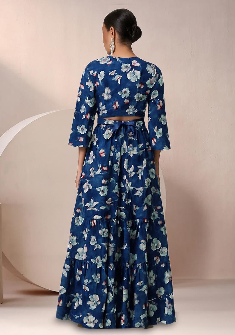 Dark Blue Floral Print Satin Lehenga Set - Indya
