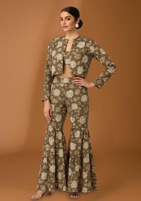 Light Brown Satin Floral Printed Fusion Set