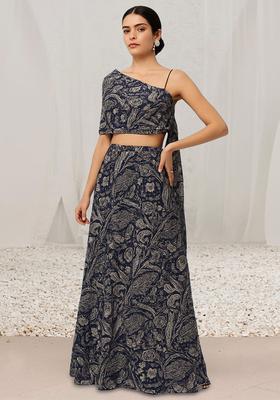 Blue Abstract Print Satin Fusion Set