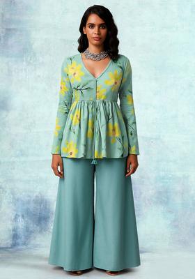 Blue Floral Print Satin Fusion Set