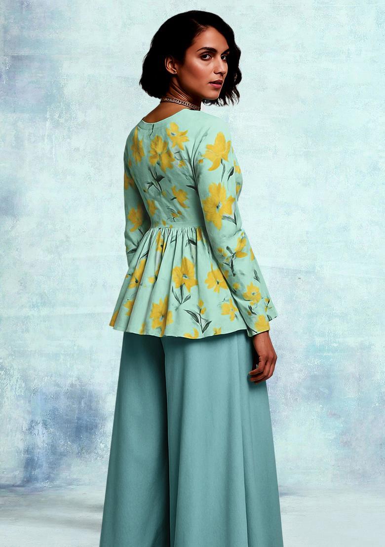 Blue Floral Print Satin Fusion Set - Indya