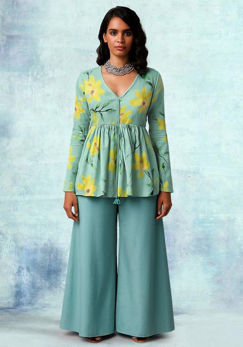 Blue Floral Print Satin Fusion Set