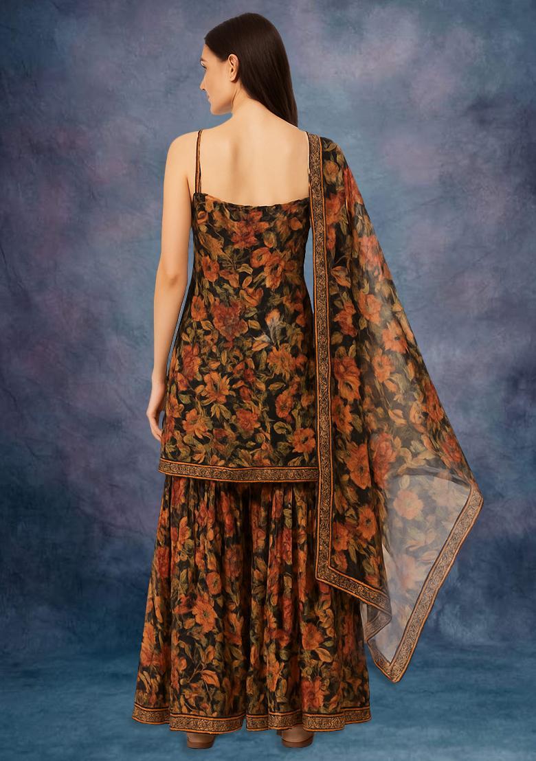 Black Georgette Floral Printed Sharara Set - Indya