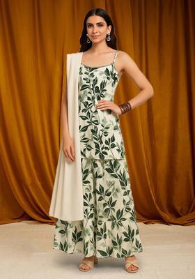 Green Floral Print Satin Sharara Set