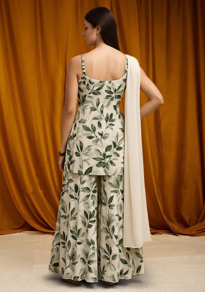 Green Floral Print Satin Sharara Set - Indya