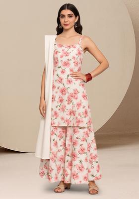 White Floral Print Satin Sharara Set