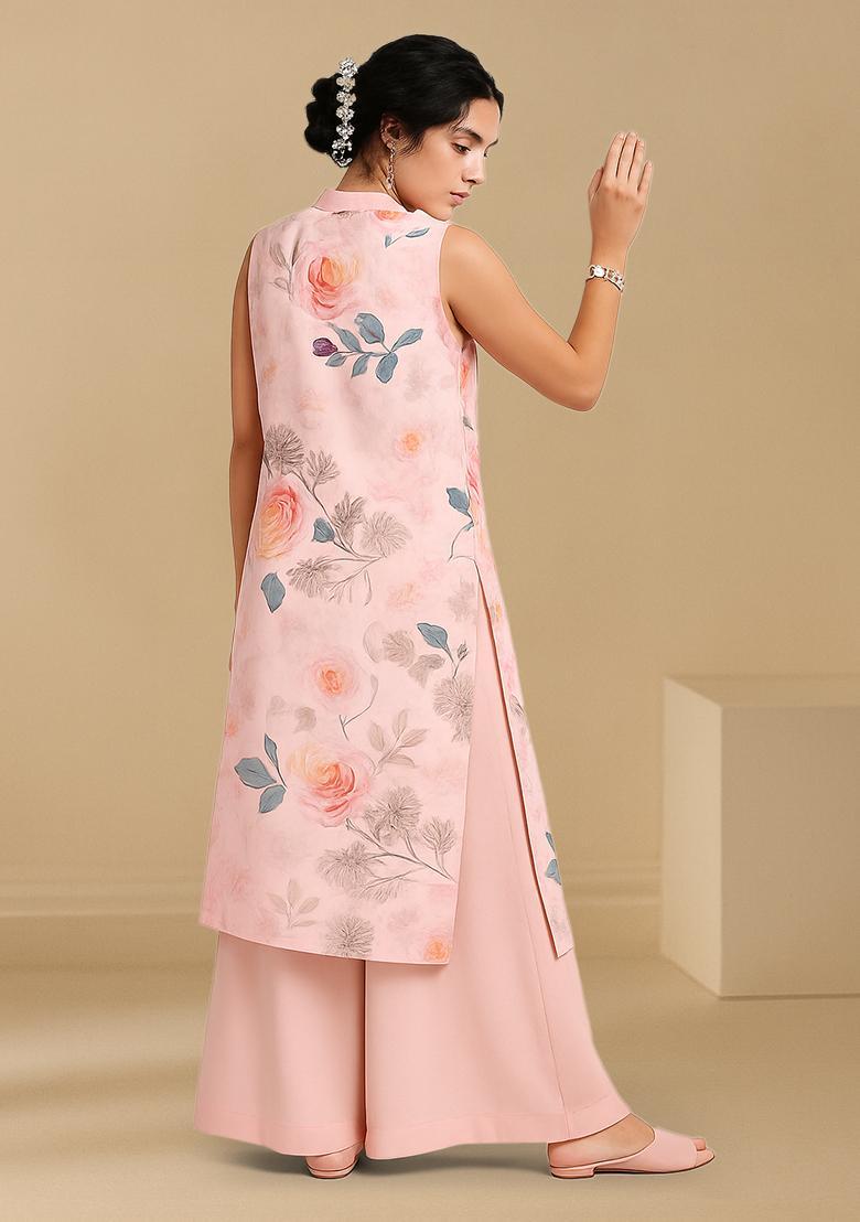 Pink Floral Print Chinon Straight Kurta Set - Indya