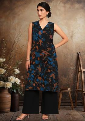 Black Floral Print Chinon Straight Kurta Set