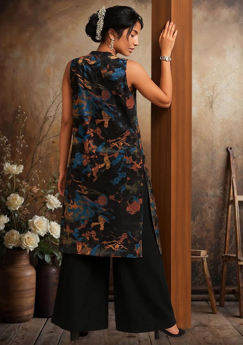 Black Floral Print Chinon Straight Kurta Set - Indya