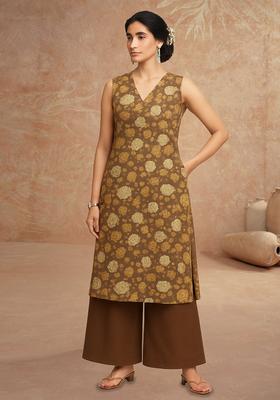 Brown Floral Print Satin Straight Kurta Set