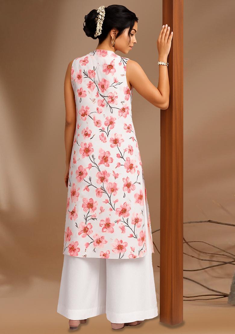Pink Floral Print Satin Straight Kurta Set - Indya