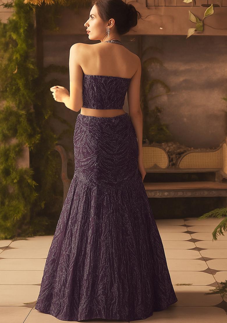 Purple Net Embellished Lehenga Set - Indya