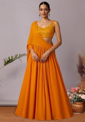 Mustard Yellow Net Embellished Blouse Lehenga Set
