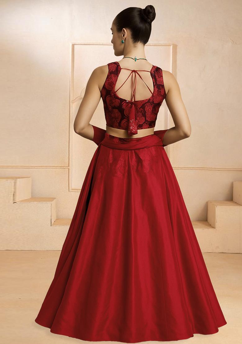Red Net Sequin Embellished Blouse Lehenga Set - Indya