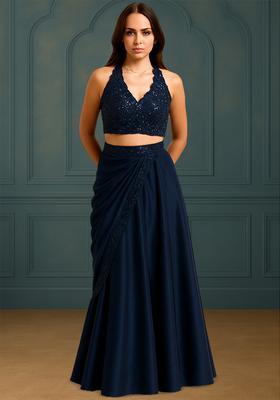 Blue Silk Blend Sequin Embroidered Blouse Lehenga Set