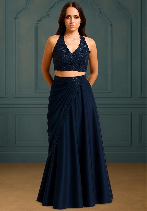 Blue Silk Blend Sequin Embroidered Blouse Lehenga Set