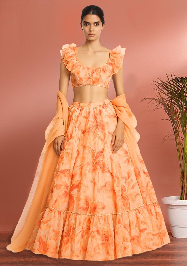 Peach Embroidered Lehenga Set - Indya