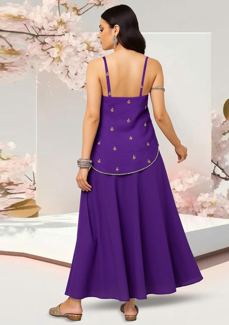 Purple Embroidered Georgette Fusion Set - Indya