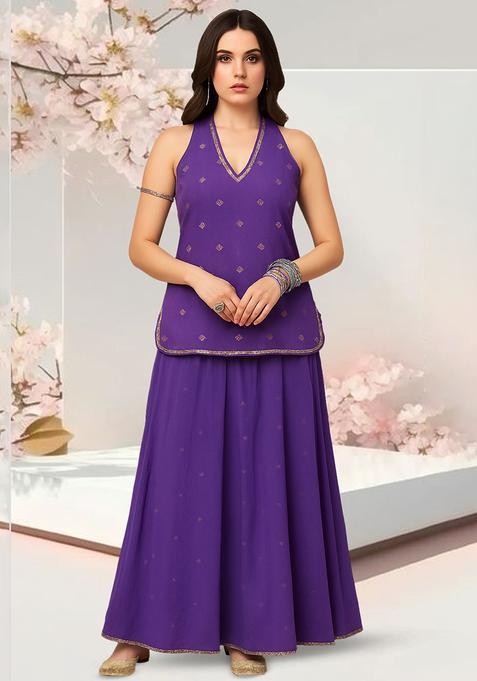 Purple Embroidered Georgette Fusion Set