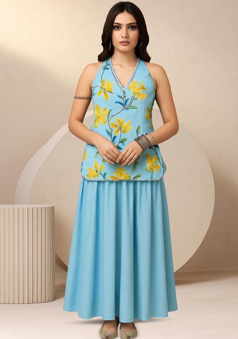 Blue Floral Print Georgette Fusion Set - Indya