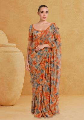Multicolor Chiffon Floral Printed Pre Draped Set