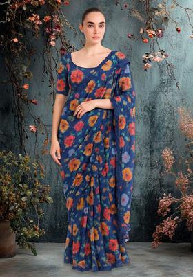 Blue Chiffon Floral Printed Pre Draped Saree Set
