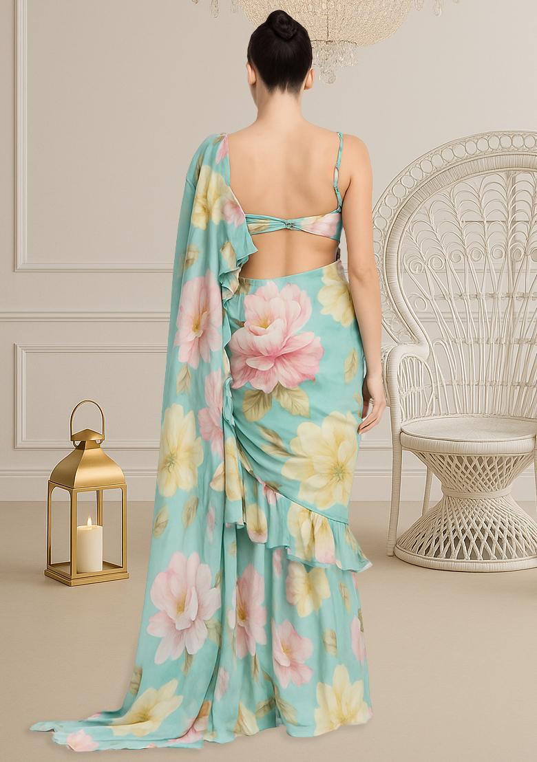 Sky Blue Chinon Chiffon Floral Printed Pre Draped Saree - Indya