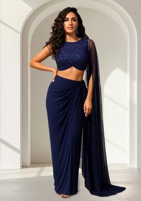 Navy Blue Georgette Embroidered Fusion Set