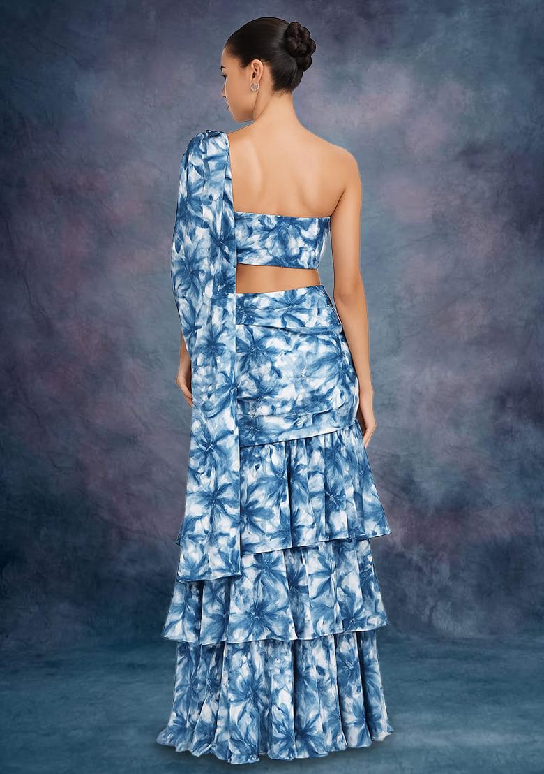 Blue Crepe Floral Printed Pre Draped Saree Set - Indya