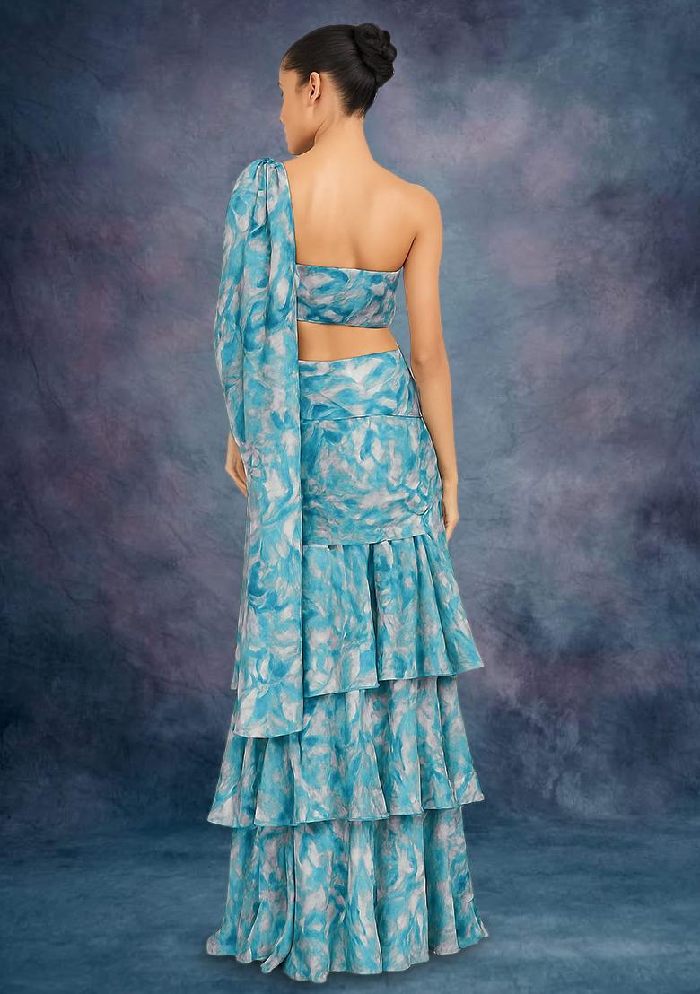 Blue Crepe Abstract Printed Pre Draped Saree Set - Indya