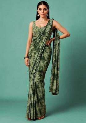 Green Abstract Print Crepe Pre Draped Saree Set
